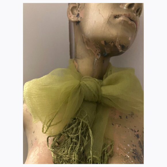 VTG Chiffon Scarf 56 X 22 Olive Green Sheer Chiffon Scarf with Fringe - Picture 1 of 6